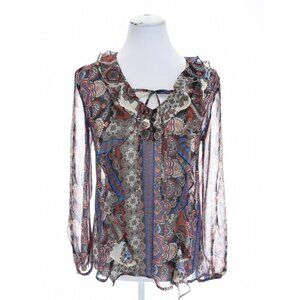 Socialite Sz S Ruffle Front Sheer Colorful Peasant Tunic Top Blouse Womens